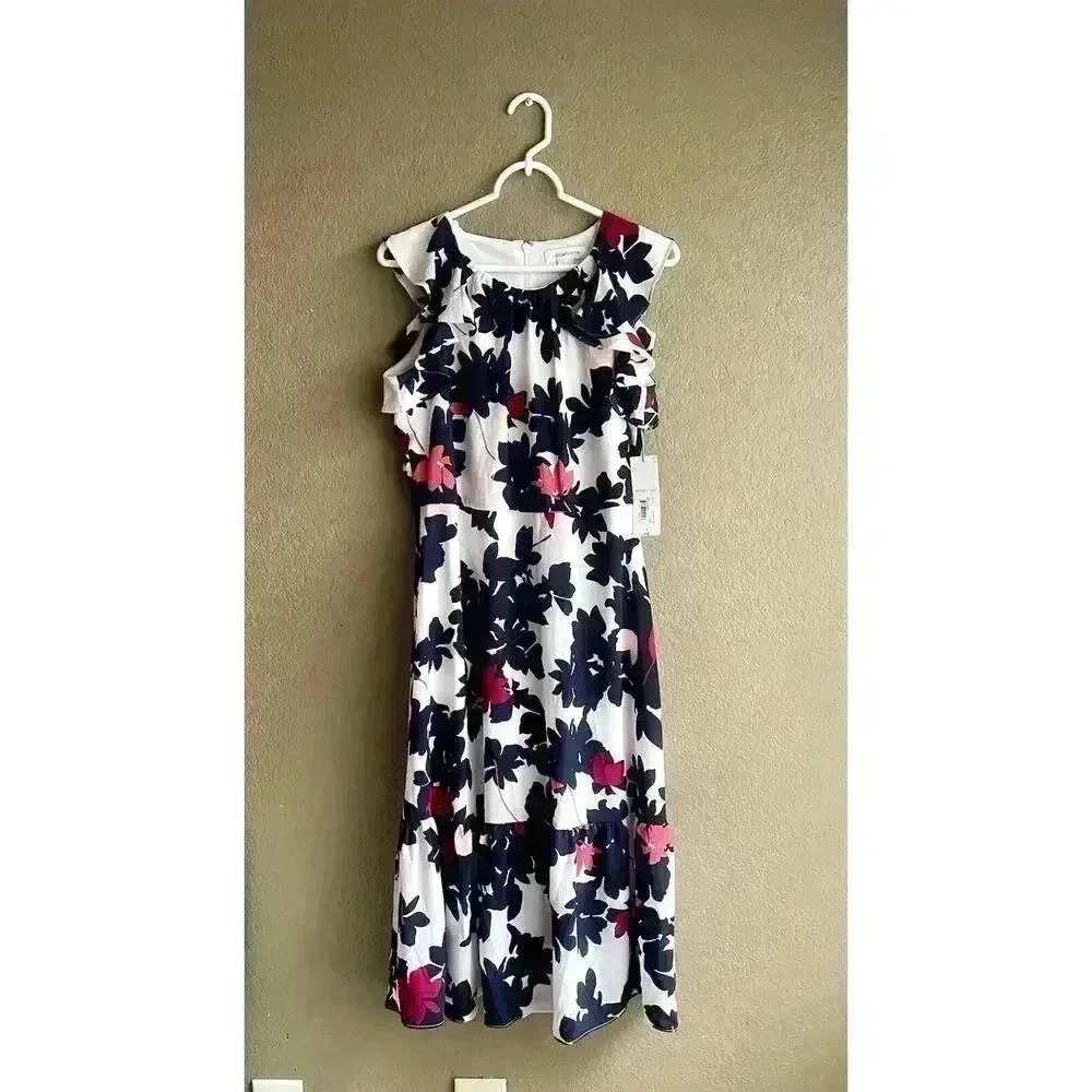 Liz Claiborne Fit and‎ Flare Dress Women Size 8 White Floral Sleeveless